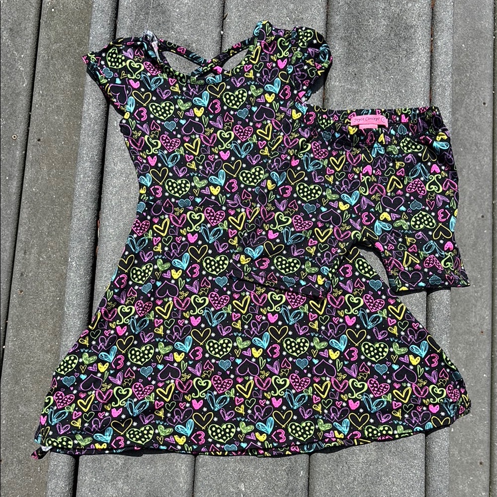 Joyce Concept Girl’s Black Dress, Matching Shorts, Hearts, Flowy, Soft, Size 4
